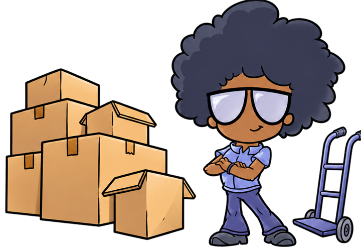 Trust A Fro mascot with moving boxes