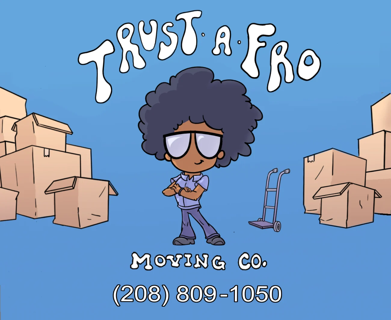 The Trust A Fro mascot surrounded by moving boxes